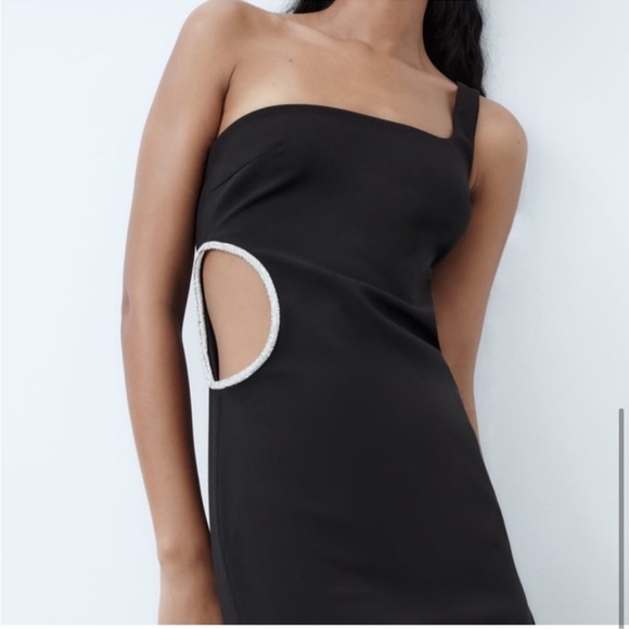 Size M or XXL | Zara | Asymmetrical Rhinestone Cut-Out Midi Dress One-Shoulder - Picture 7 of 12